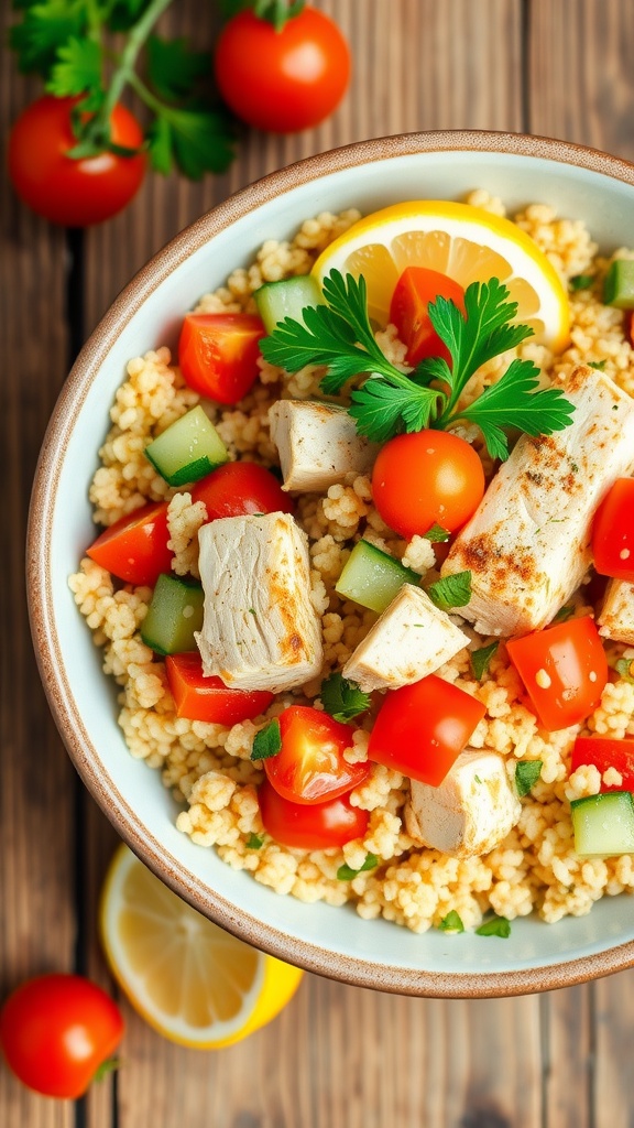 Mediterranean Tuna and Couscous Salad Recipe A healthy bowl of Mediterranean Tuna and Couscous Salad with cherry tomatoes, cucumber, and tuna, garnished with parsley.